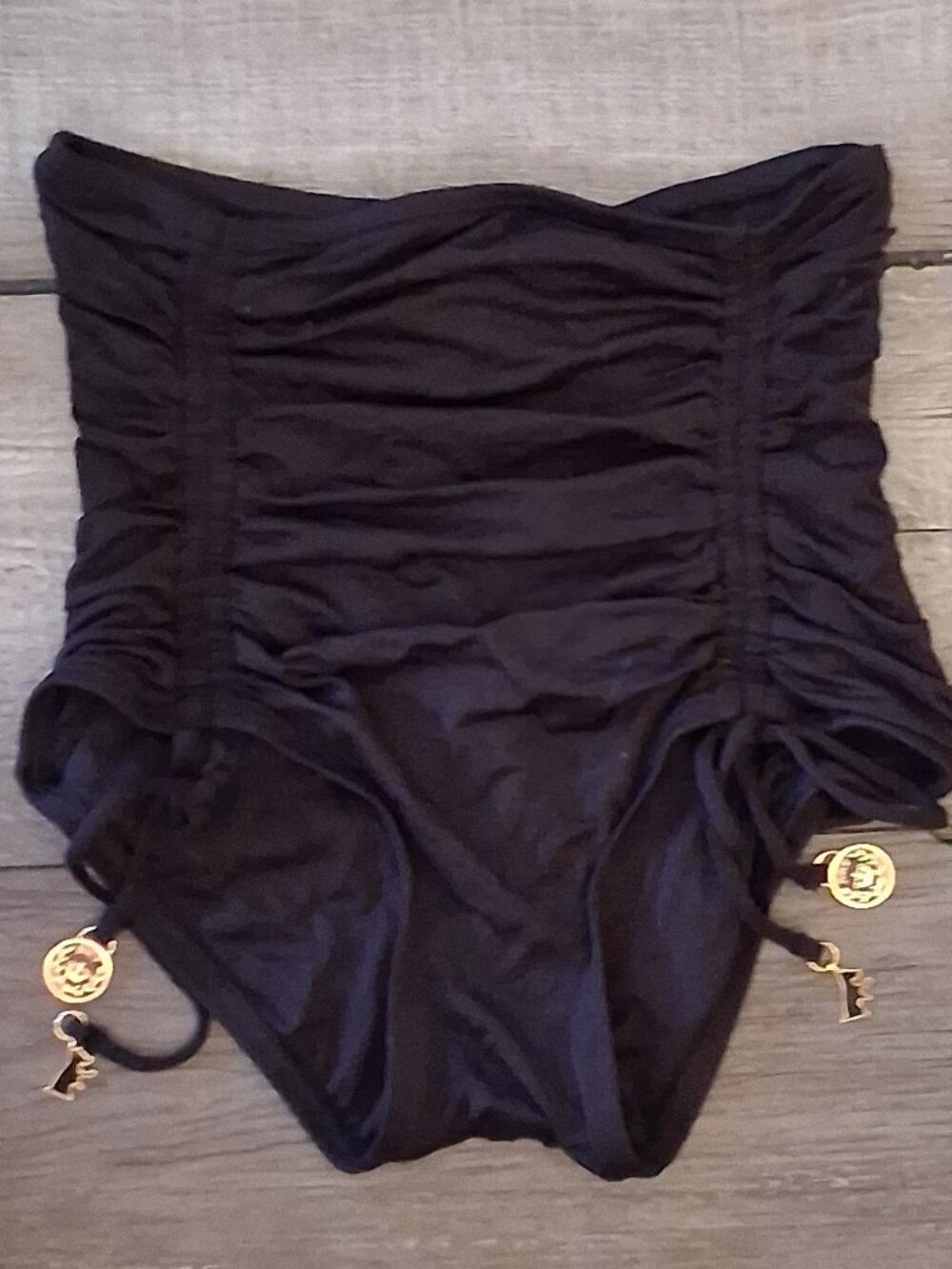 new Juicy Couture Black High Waist Bikini Bottom Rare pleated Small